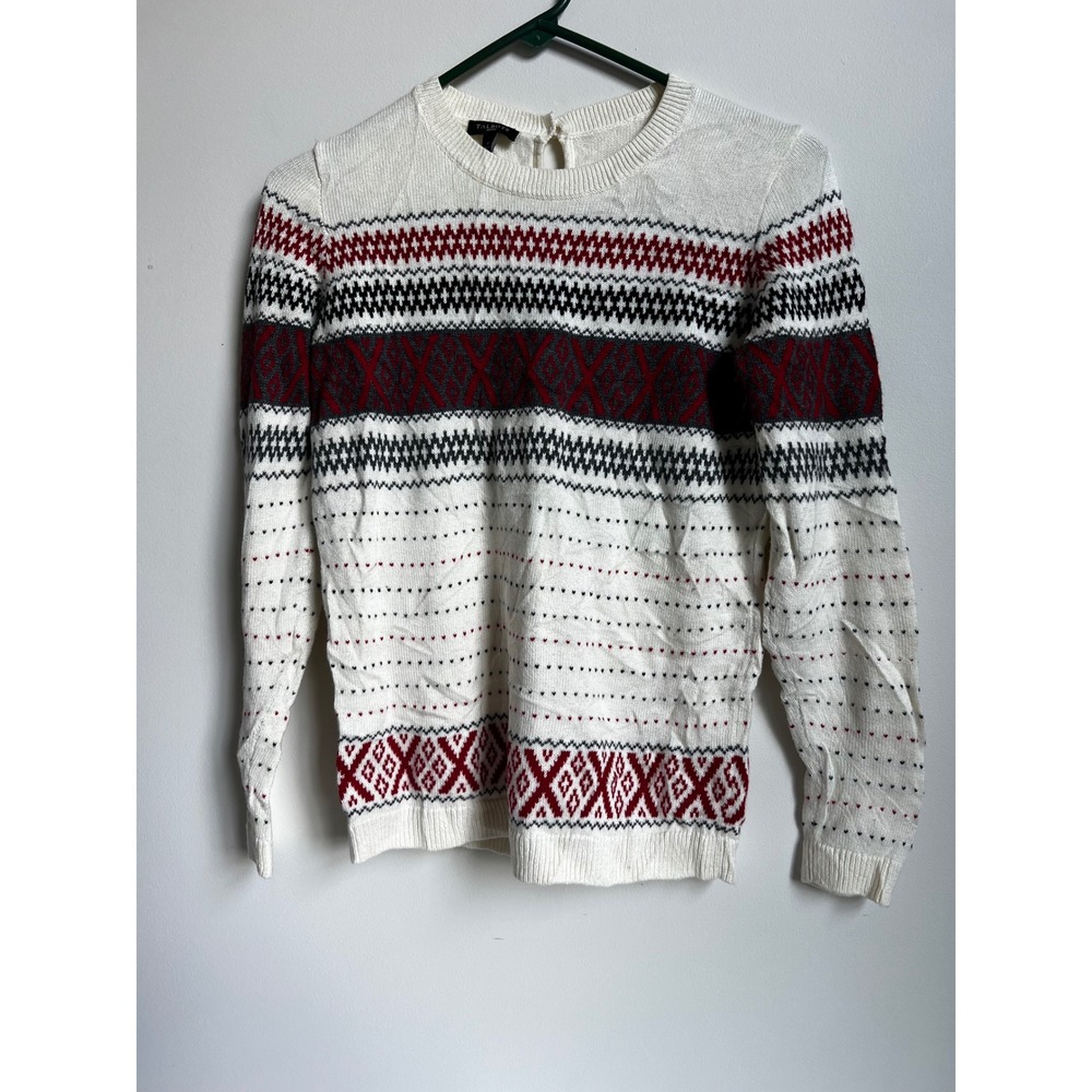 Talbots Petites Sweater Fair Isle Crew Neck Knit Pullover Ivory Red Black Sz
P